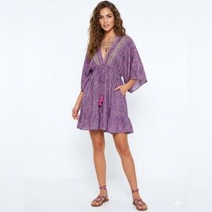 Purple V-Neck Boho Mini Dress with Tassel Tie 100% Silk